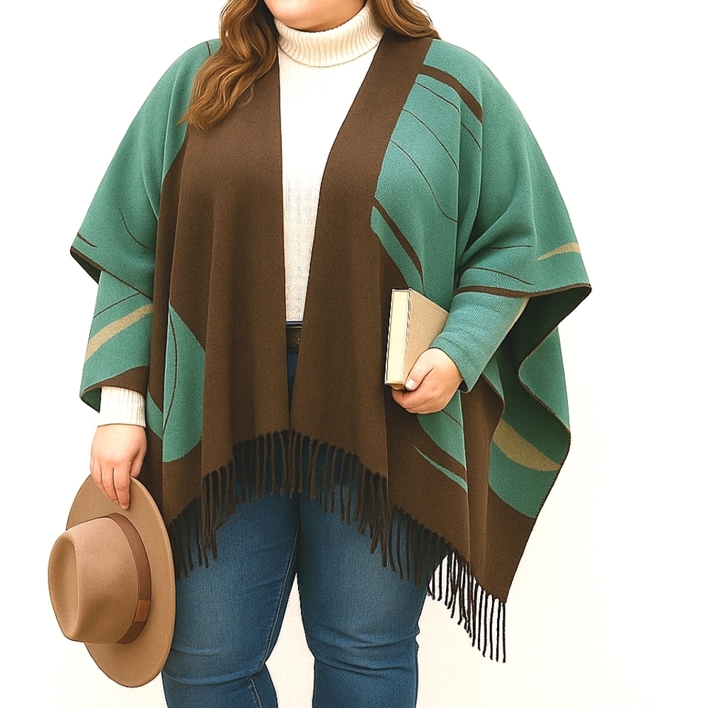 Reversible Ruana Wrap Cape Turquoise & Brown Soft Knit Boho Fringe Shawl XL 1 sz
